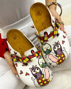 Red and Yellow Square Patterned, Sleeping Owl and Grey Elephant Patterned Clogs - WCAL370