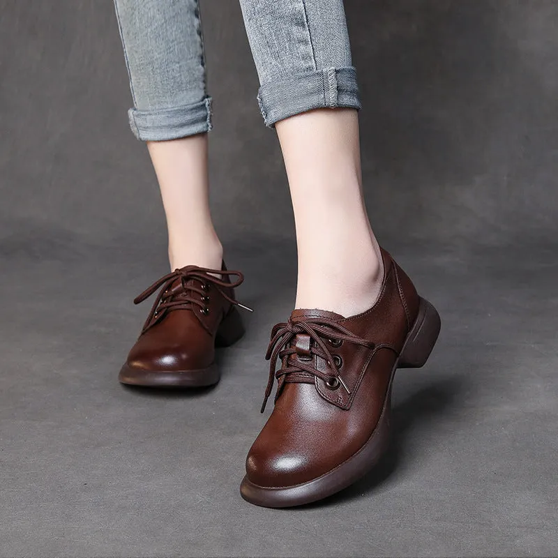 Retro Handmade Genuine Leather Low Heel Women's Lace-up Comfortable Shoes