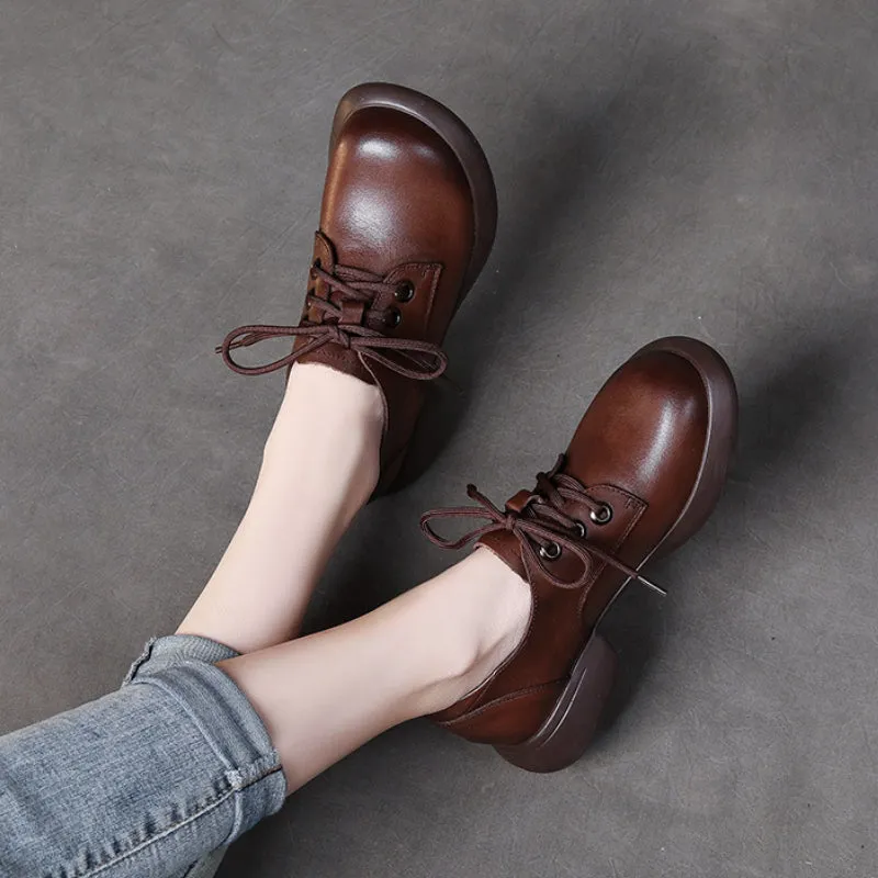 Retro Handmade Genuine Leather Low Heel Women's Lace-up Comfortable Shoes