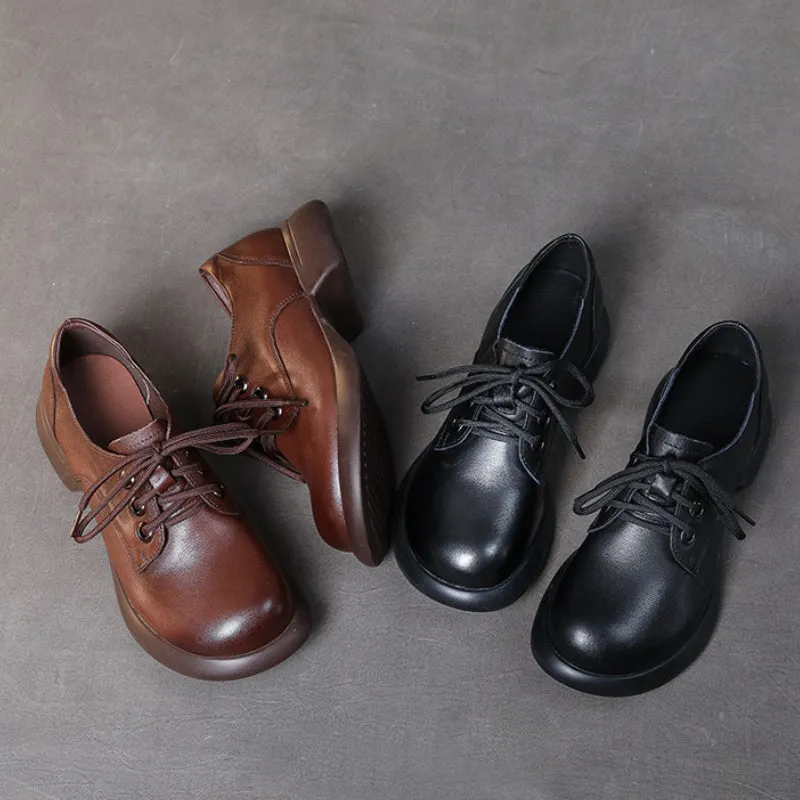 Retro Handmade Genuine Leather Low Heel Women's Lace-up Comfortable Shoes