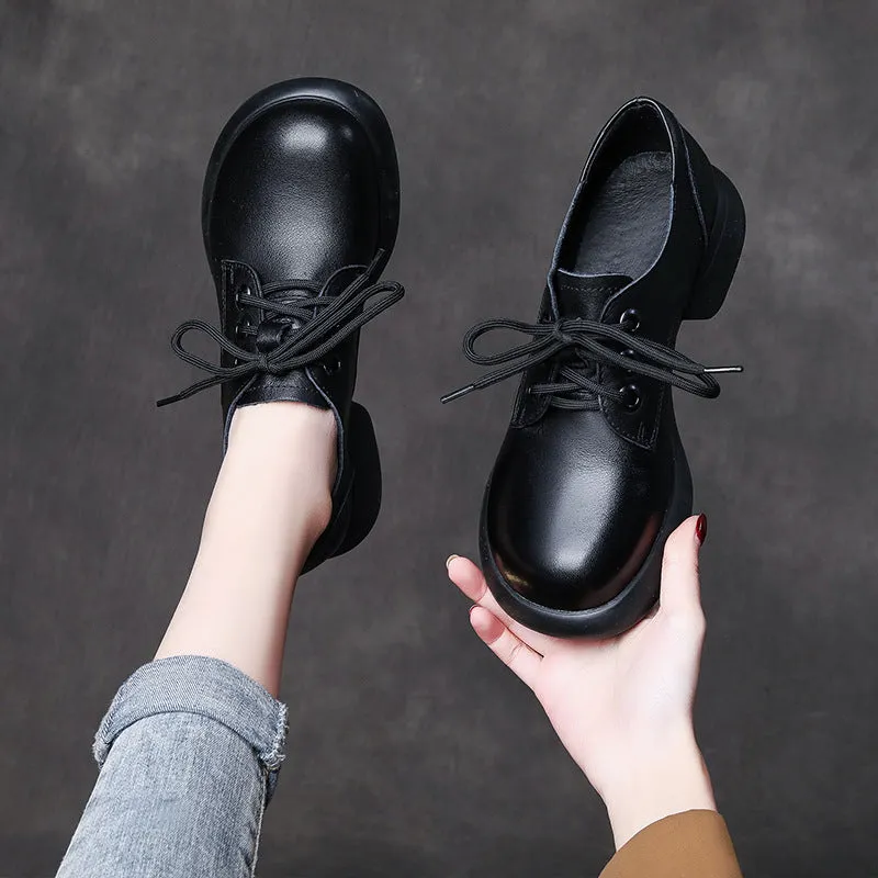Retro Handmade Genuine Leather Low Heel Women's Lace-up Comfortable Shoes