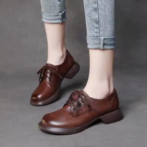 Retro Handmade Genuine Leather Low Heel Women's Lace-up Comfortable Shoes