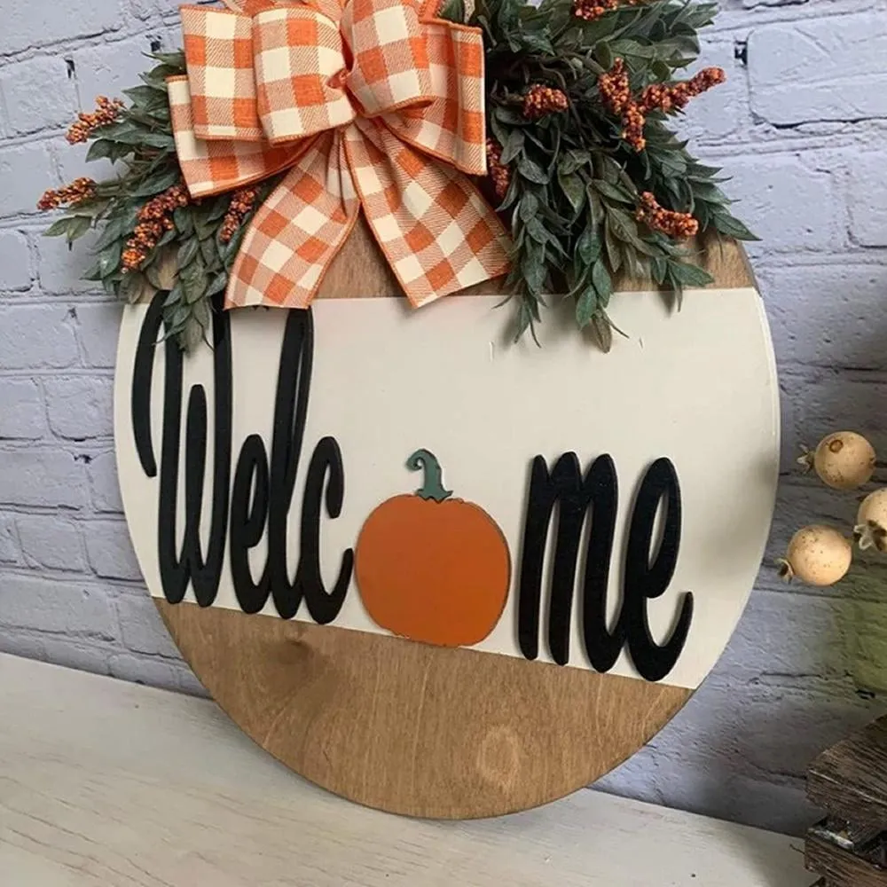 Rustic Pumpkins Front Door Decor with Handmade Bow-Knot Welcome Sign, 12 inches