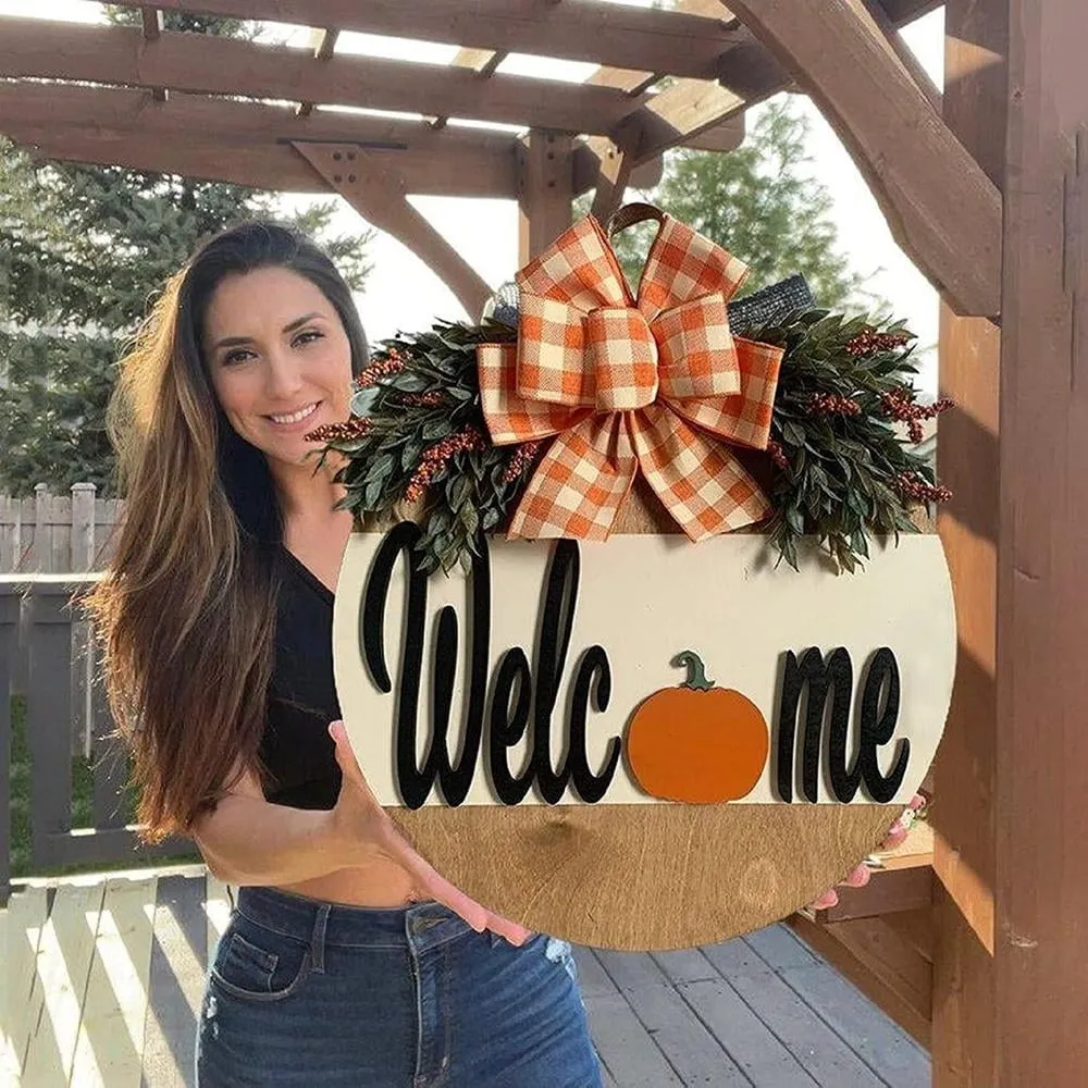 Rustic Pumpkins Front Door Decor with Handmade Bow-Knot Welcome Sign, 12 inches