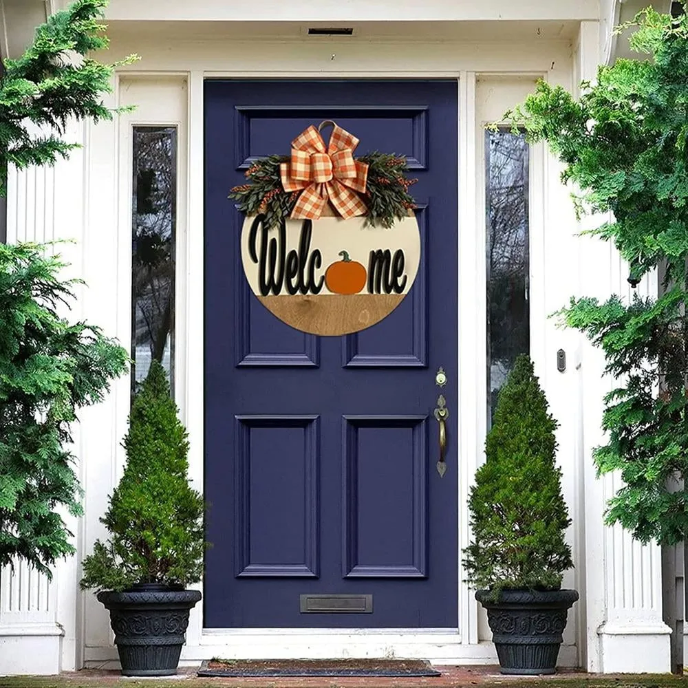 Rustic Pumpkins Front Door Decor with Handmade Bow-Knot Welcome Sign, 12 inches