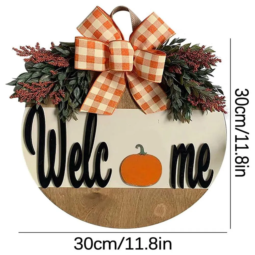 Rustic Pumpkins Front Door Decor with Handmade Bow-Knot Welcome Sign, 12 inches