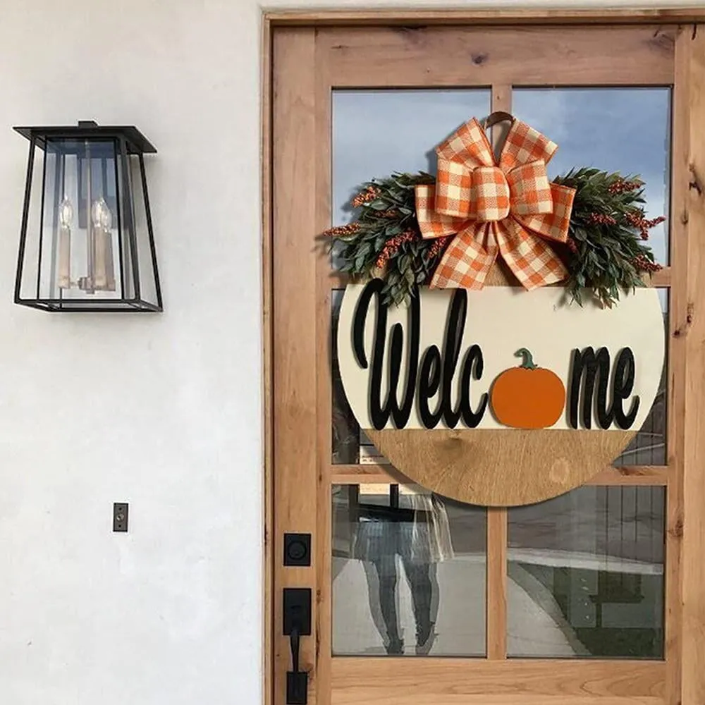 Rustic Pumpkins Front Door Decor with Handmade Bow-Knot Welcome Sign, 12 inches