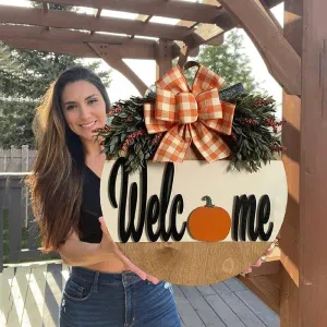 Rustic Pumpkins Front Door Decor with Handmade Bow-Knot Welcome Sign, 12 inches