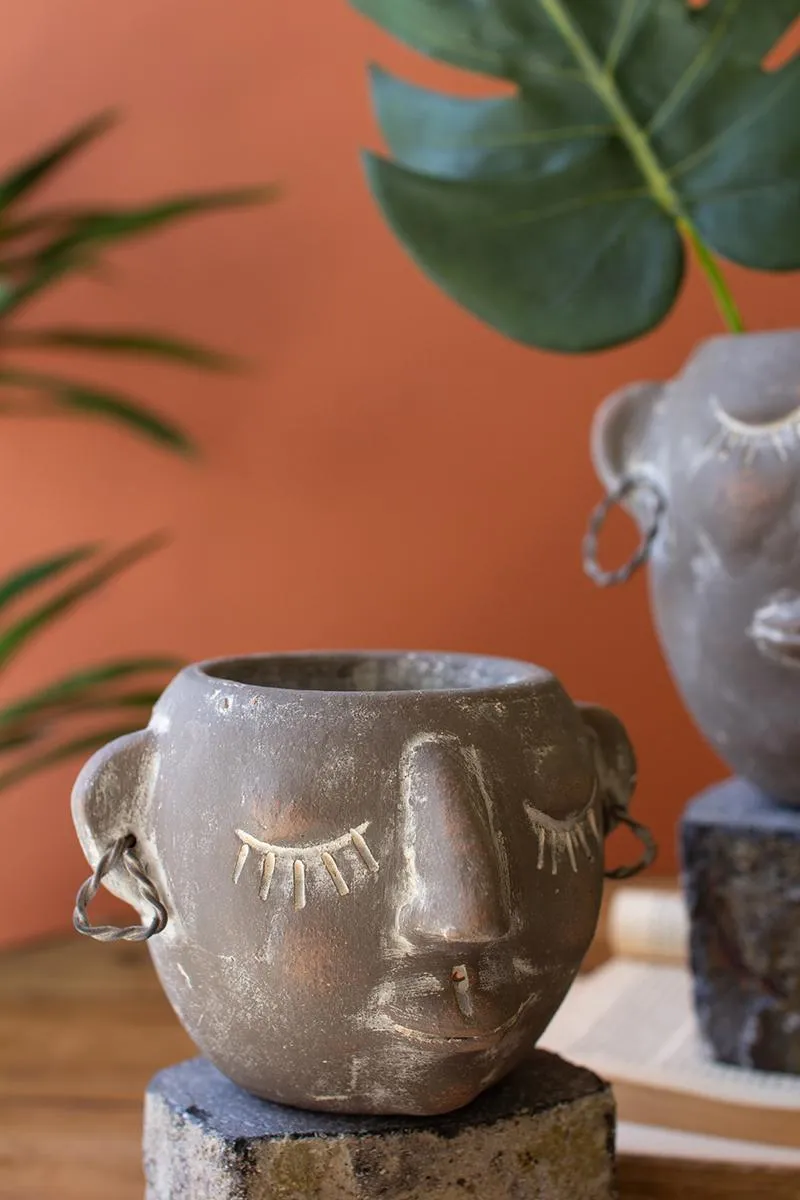 Set of 2 Clay Face Pots with Rock Base