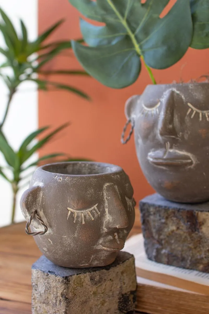 Set of 2 Clay Face Pots with Rock Base