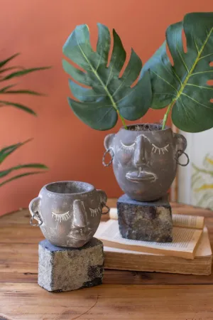 Set of 2 Clay Face Pots with Rock Base