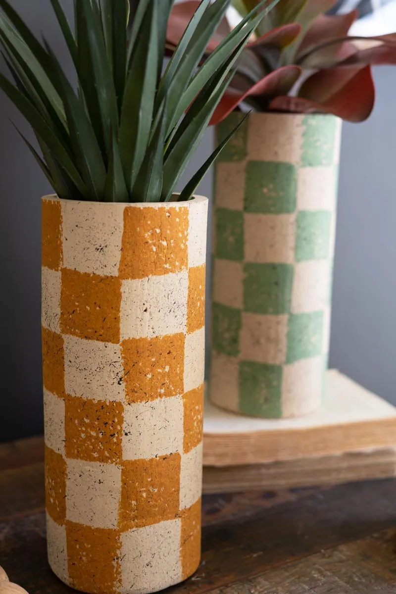 Set of 3 Checkered Clay Cylinder Vases