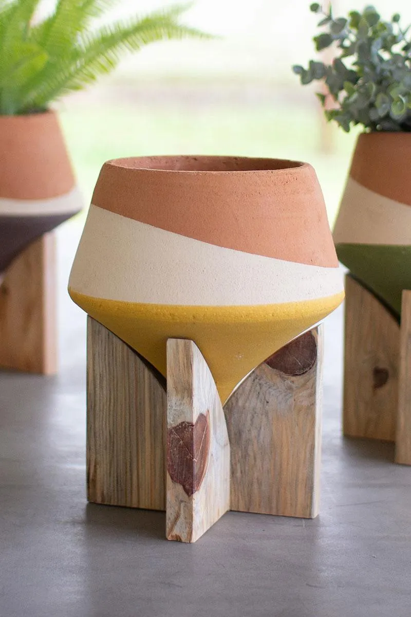 Set of 3 Double Dipped Clay Vases on Wood Bases