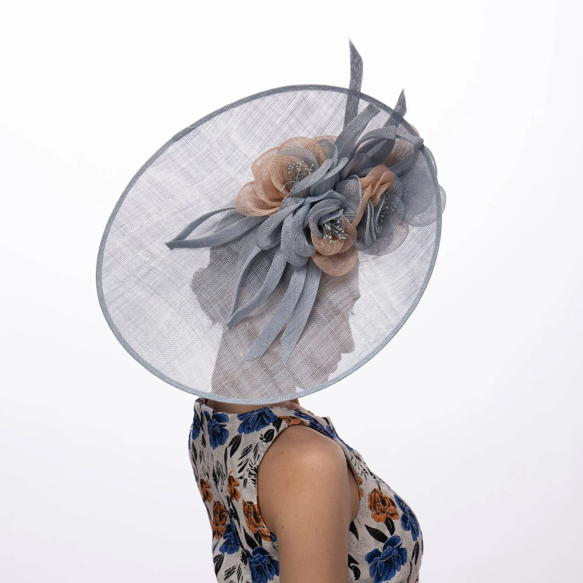 Sinamay Saucer Two Tone Flower Fascinator: Silver Blue Beige