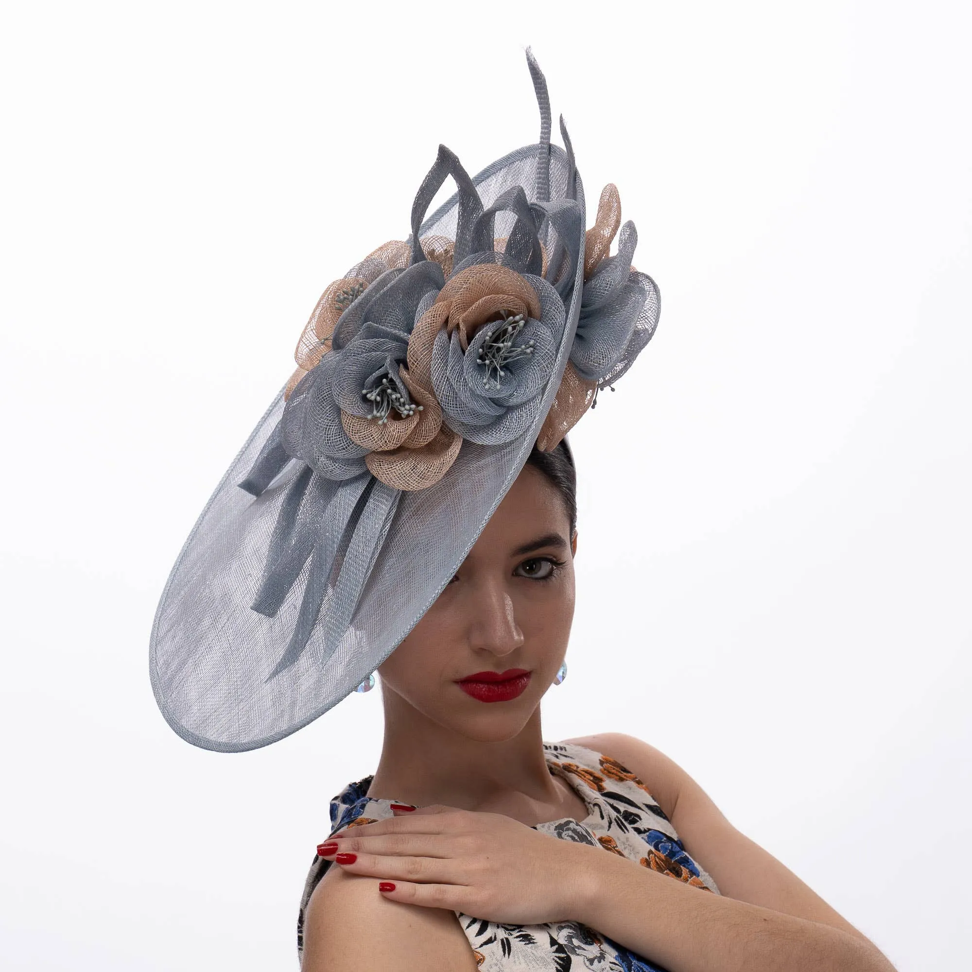 Sinamay Saucer Two Tone Flower Fascinator: Silver Blue Beige