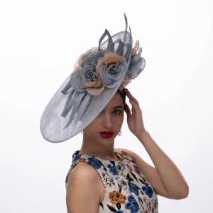Sinamay Saucer Two Tone Flower Fascinator: Silver Blue Beige