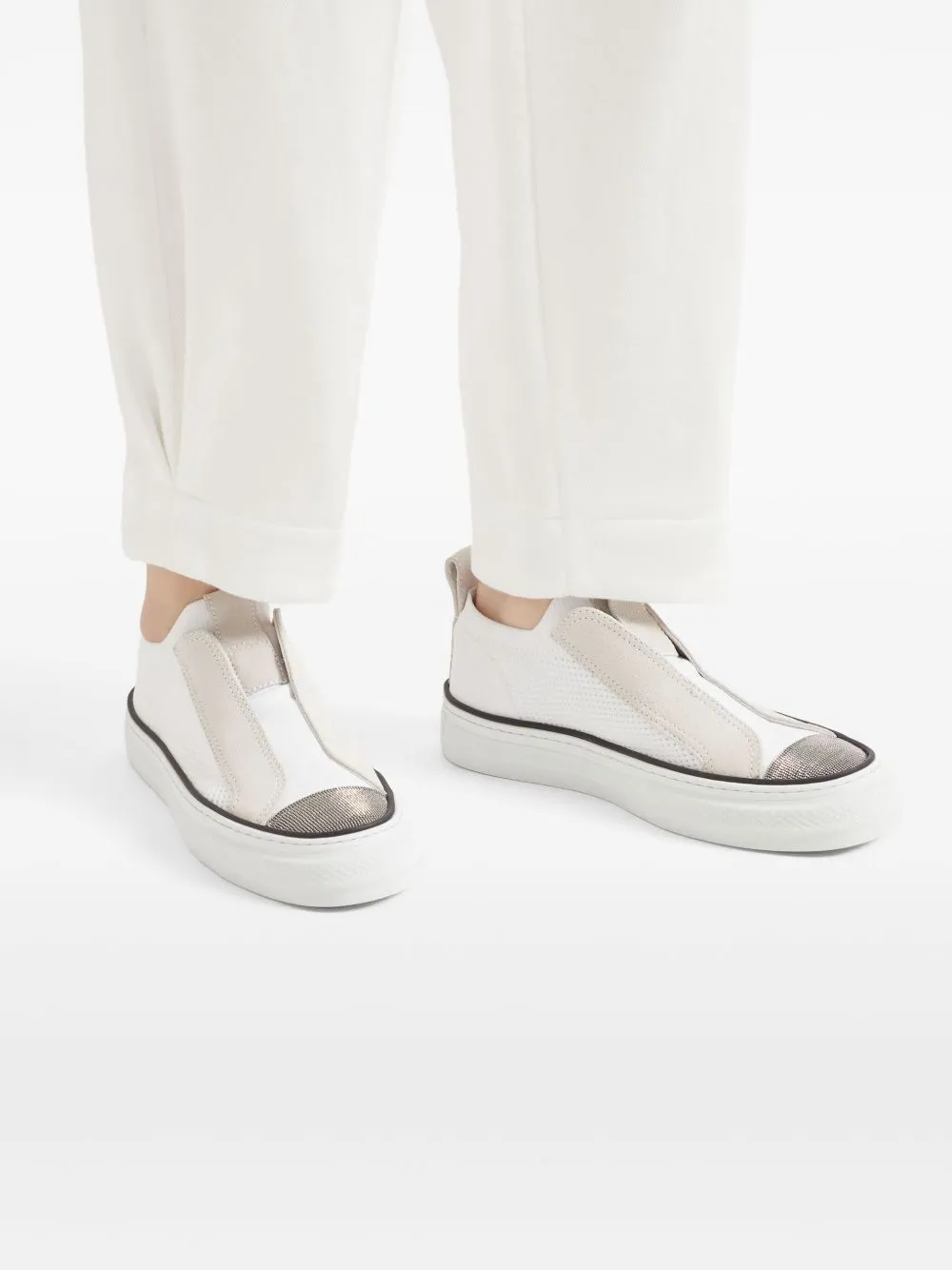 Slip on sneakers with shiny toe