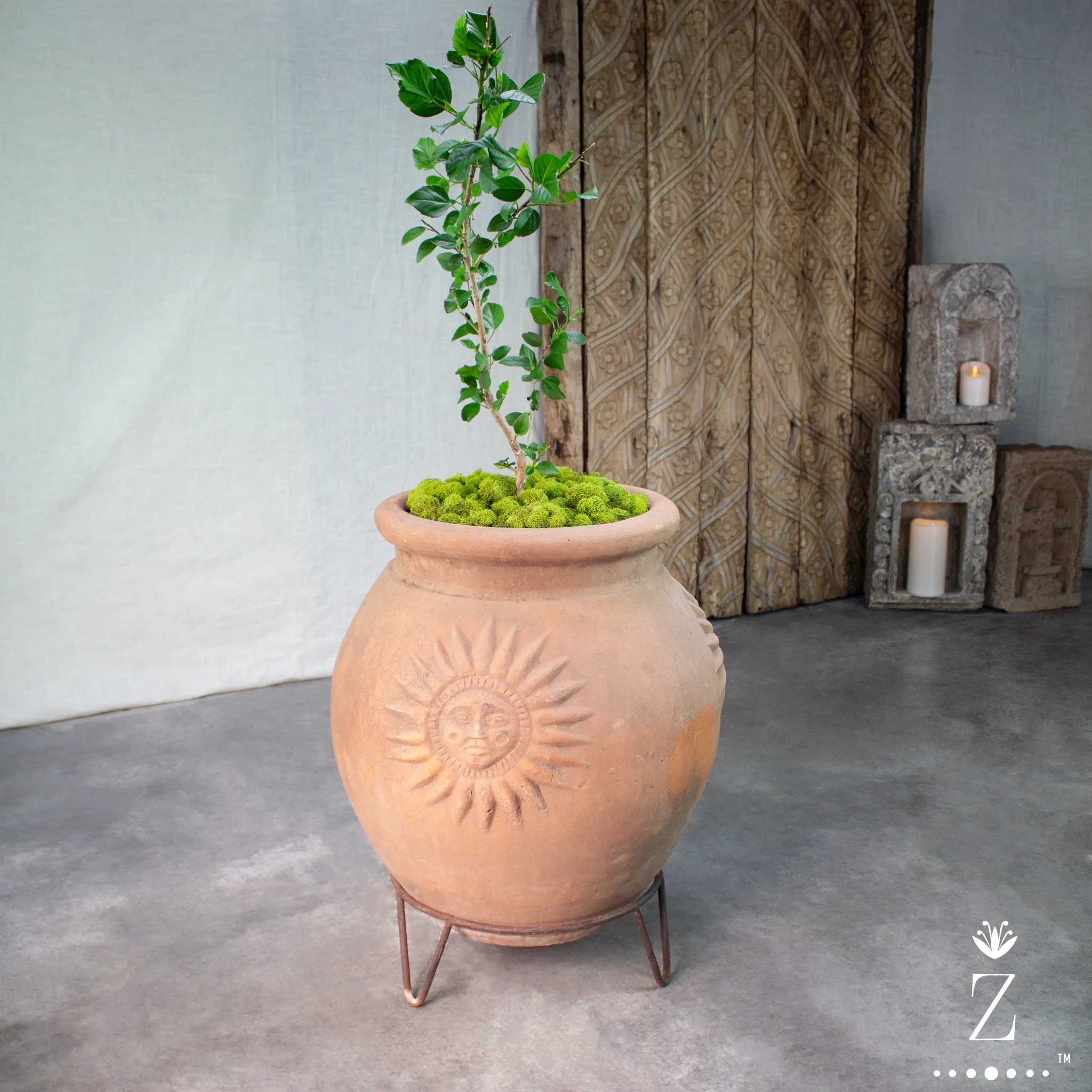 Sol Planter with Iron Stand. Vintage Terracotta pot.