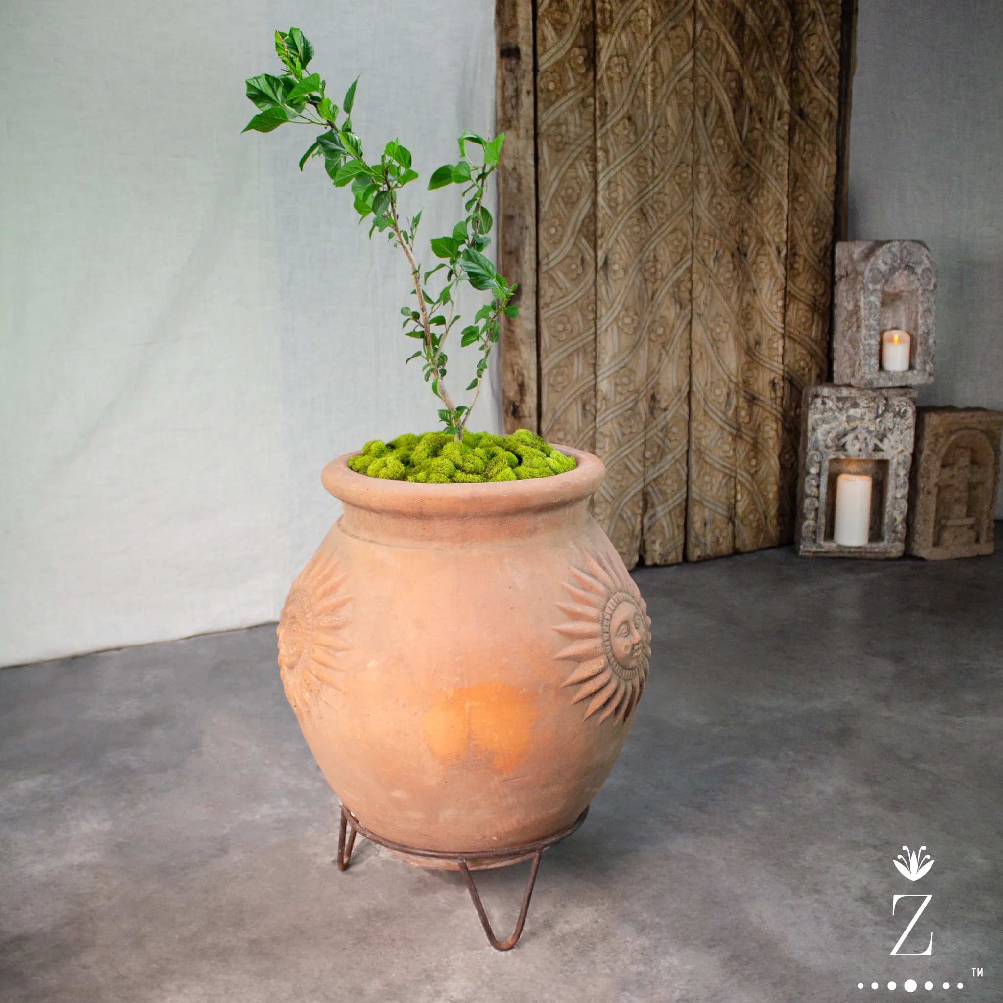 Sol Planter with Iron Stand. Vintage Terracotta pot.