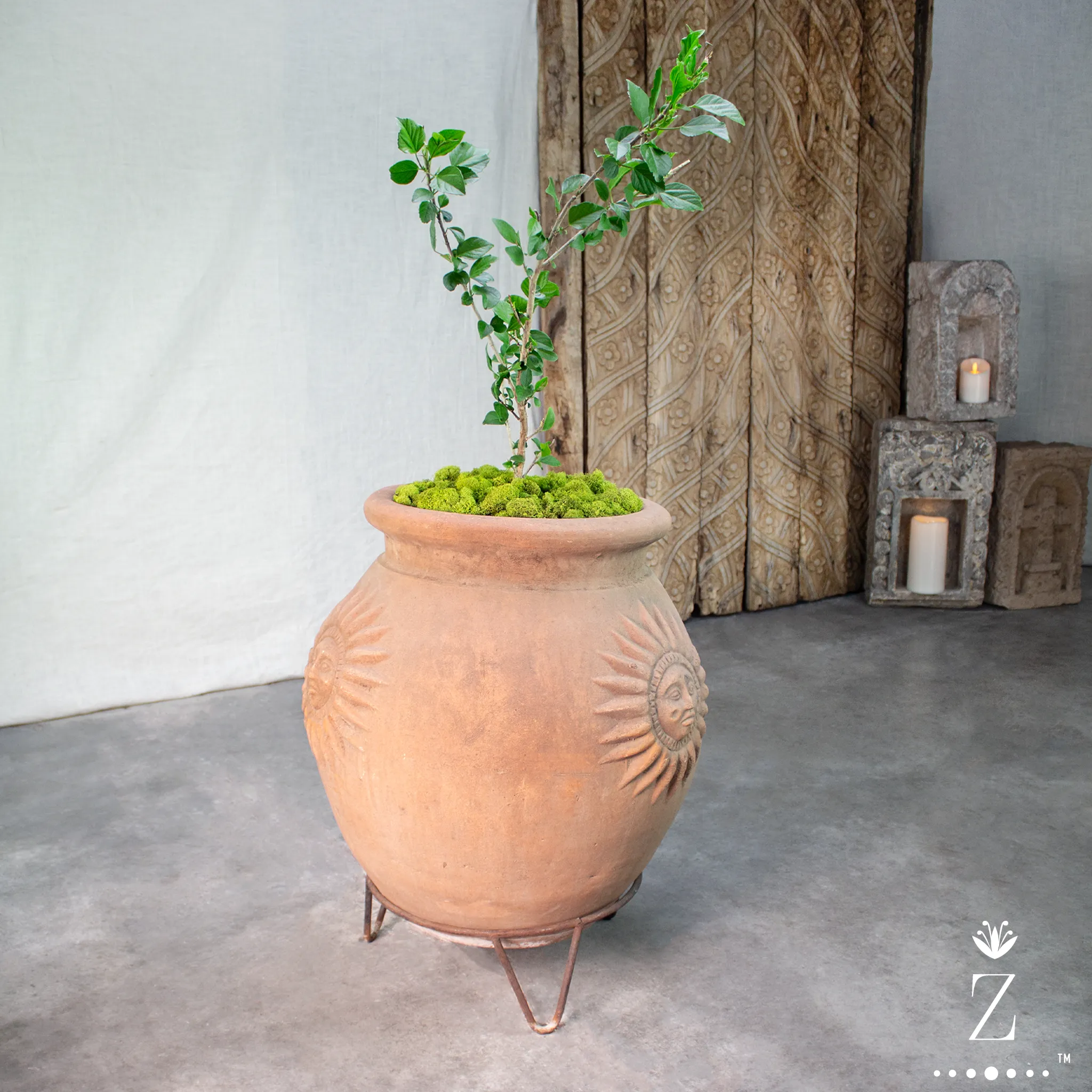 Sol Planter with Iron Stand. Vintage Terracotta pot.