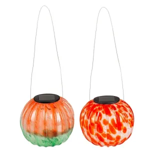 Solar Hanging Art Glass Pumpkin Lantern, 2 ASST.,2sp6946