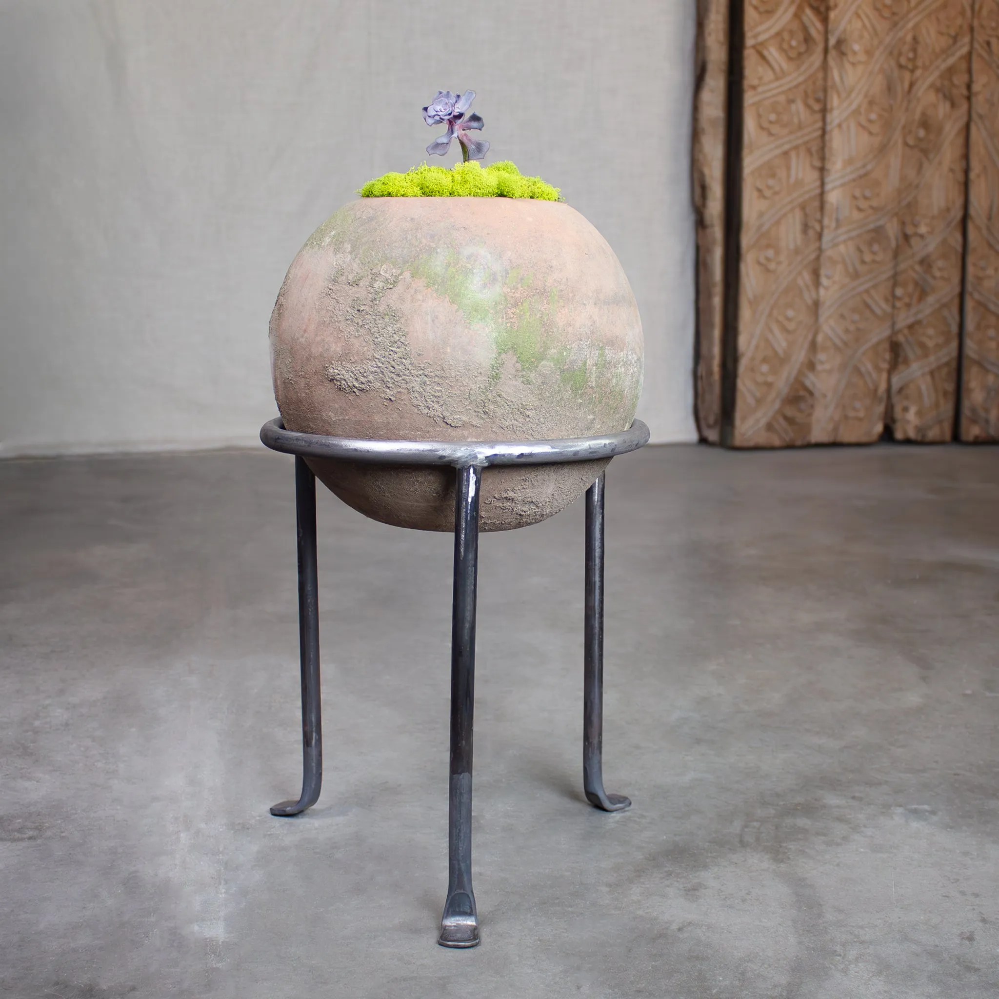 Sphere Planter with Footed Stand. Vintage Terracotta pot.