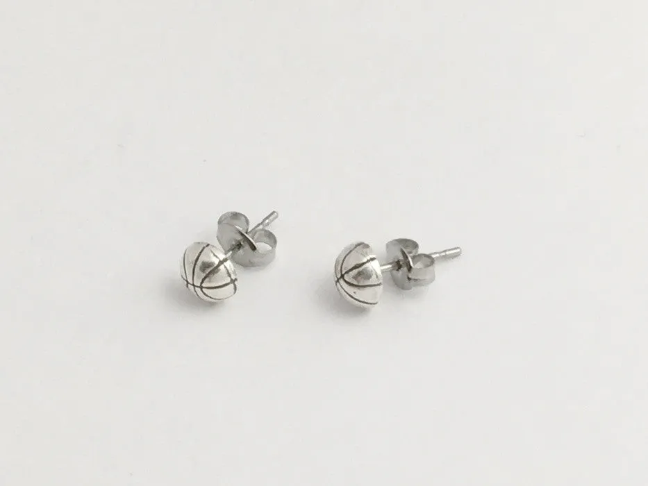 Sterling Silver & Surgical Steel small half round basketball stud earrings-sport