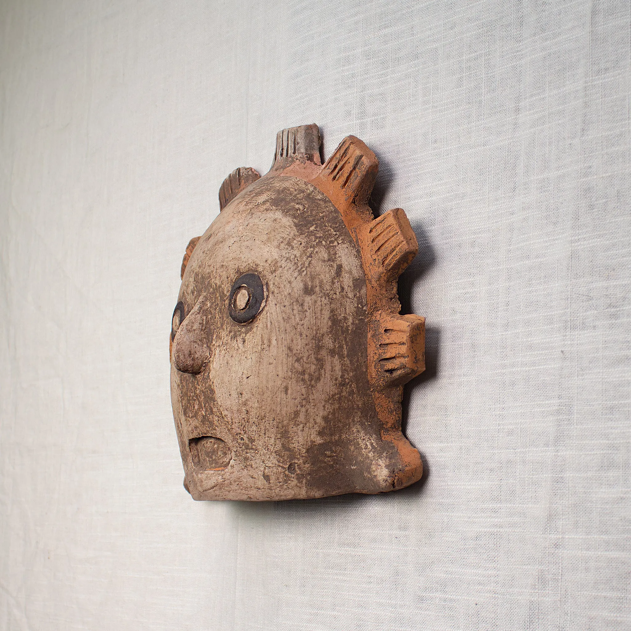Sun Warrior Mask. Vintage Terracotta Sculptural Wall Art.
