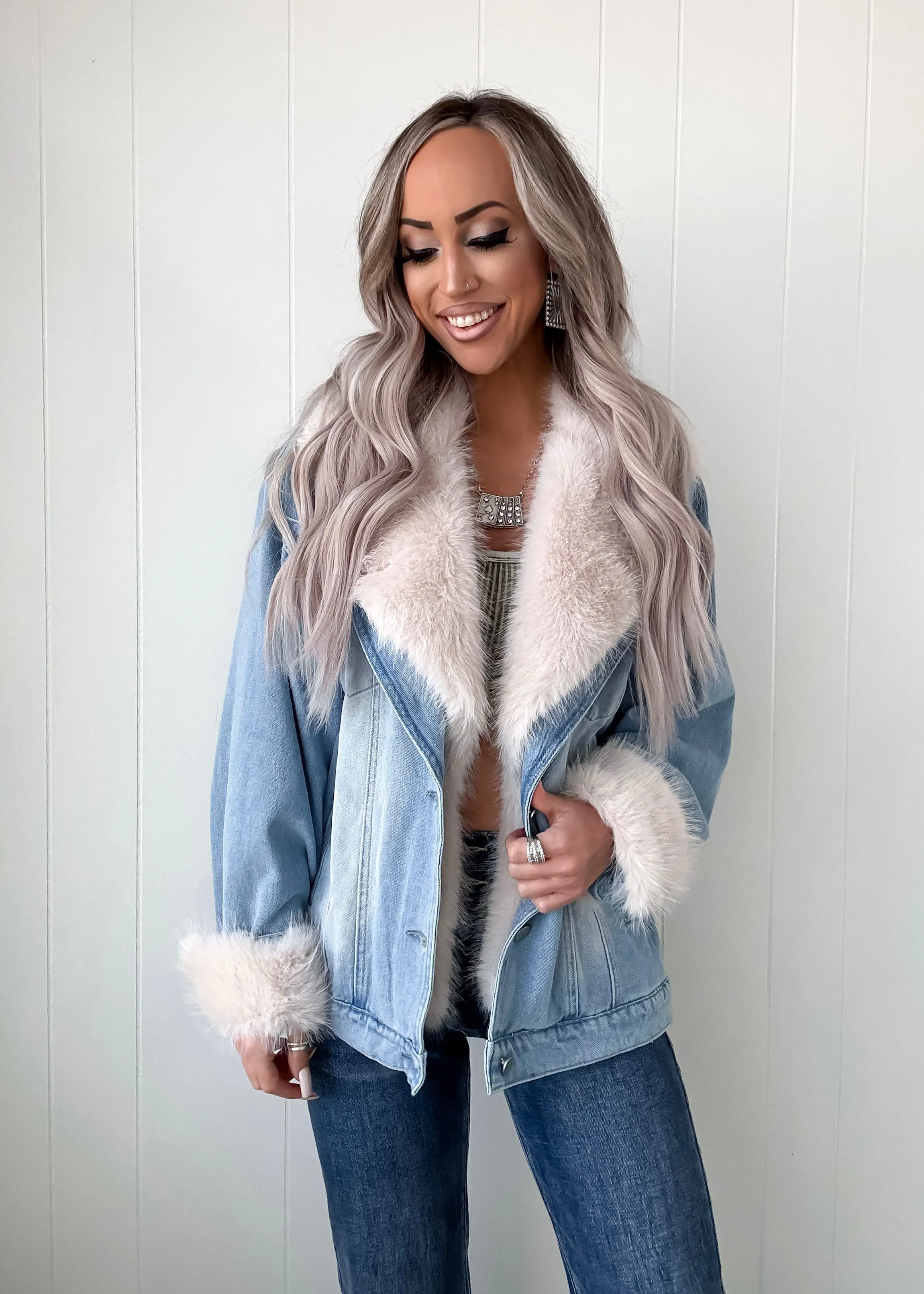 Trailblazer Fur Collar Denim Jacket - Blue