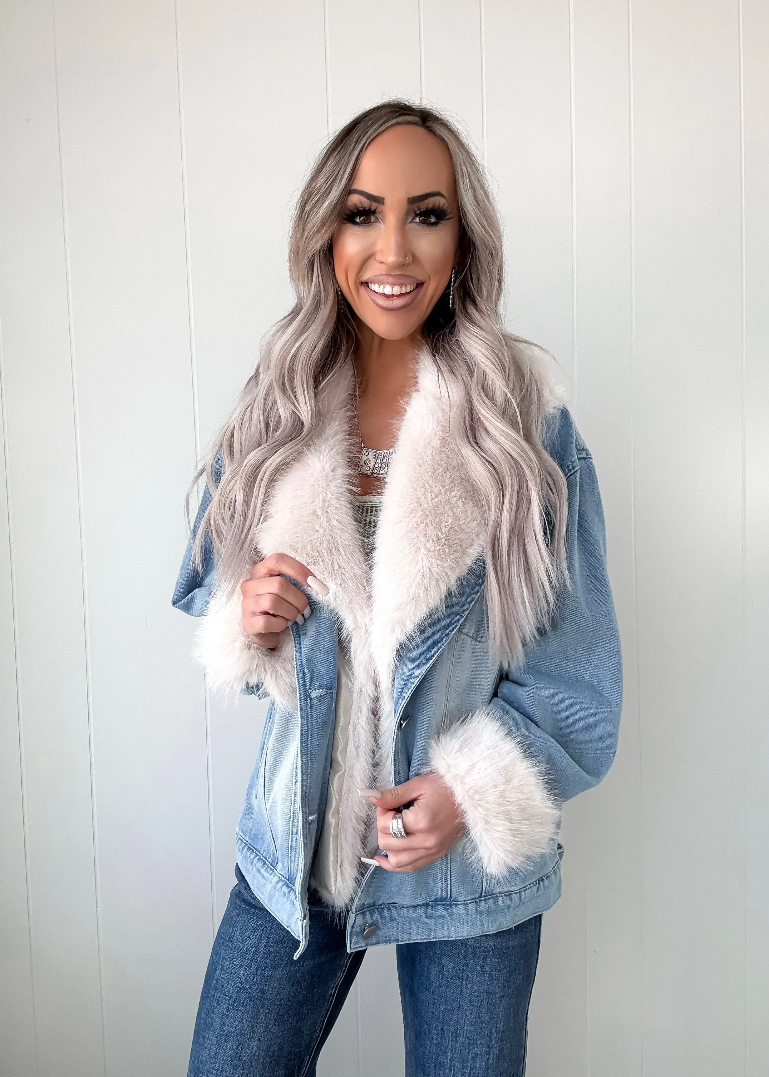 Trailblazer Fur Collar Denim Jacket - Blue