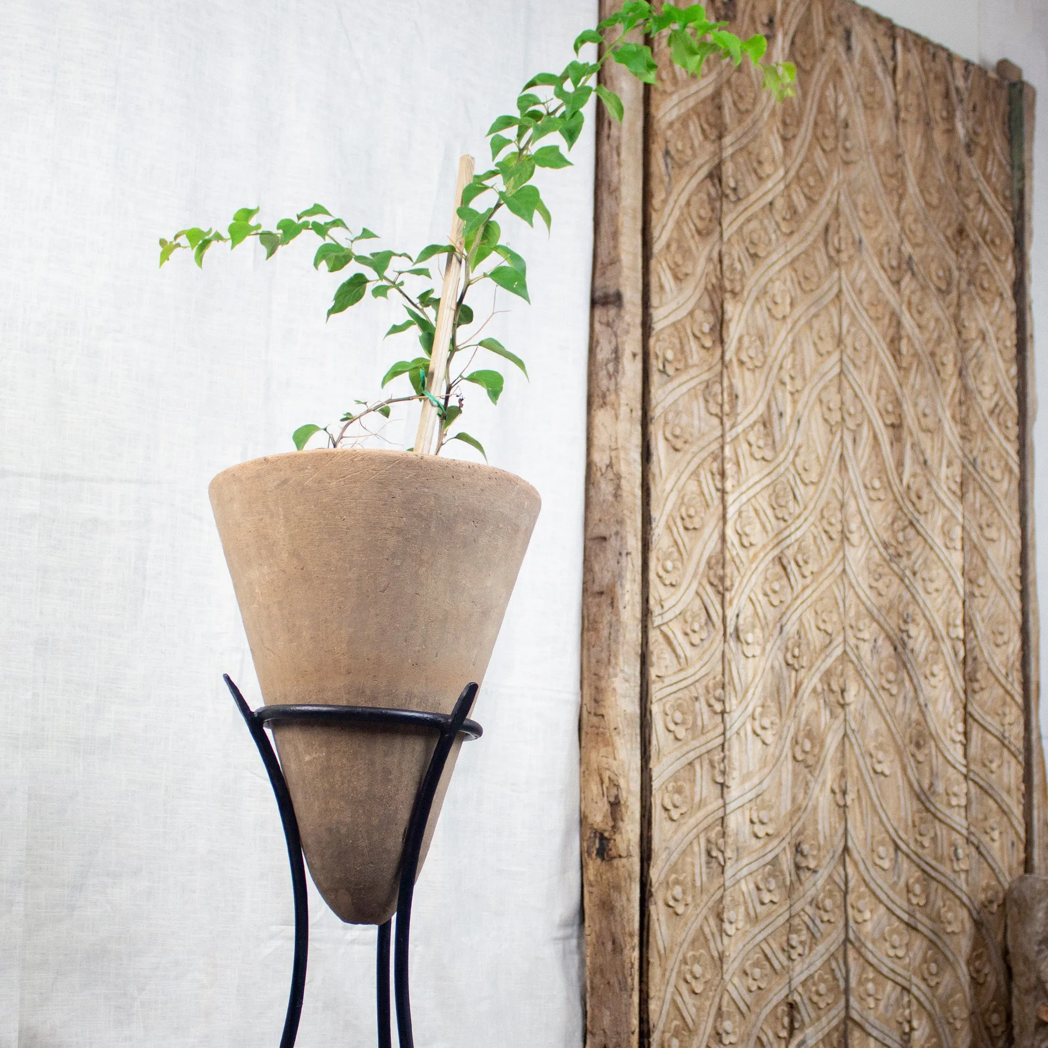 Vintage Cone Planter, with Iron Stand. Plantable pot, Handmade.