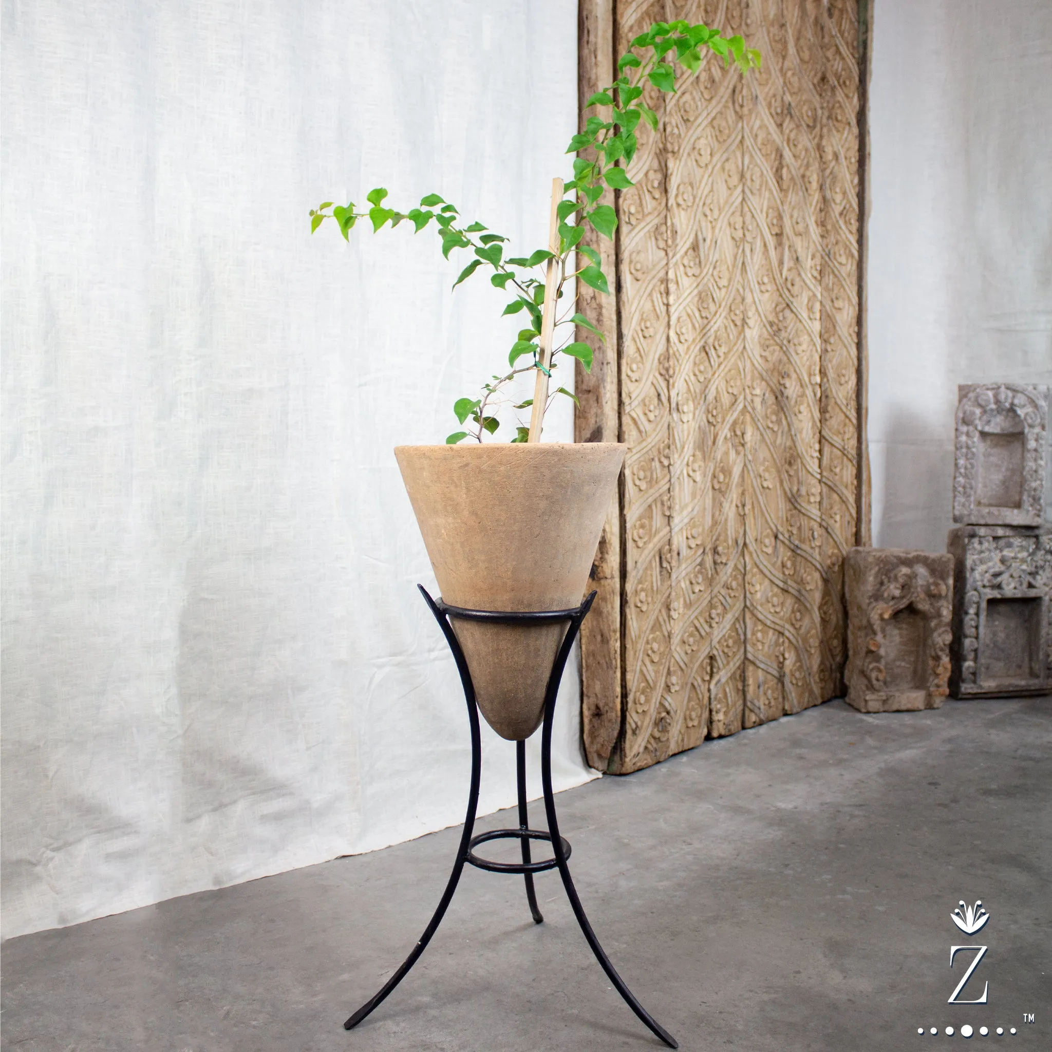 Vintage Cone Planter, with Iron Stand. Plantable pot, Handmade.
