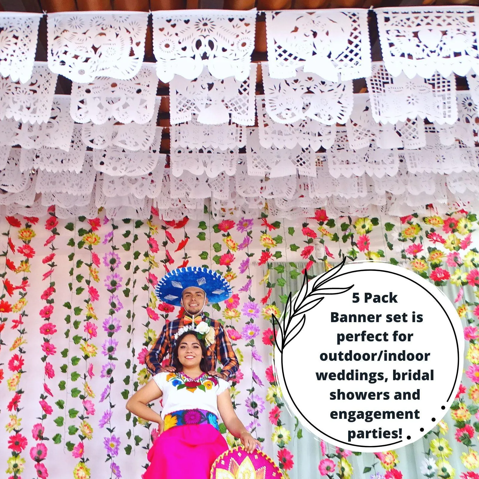 Wedding Plastic Papel Picado Banner in White (5 Pack)