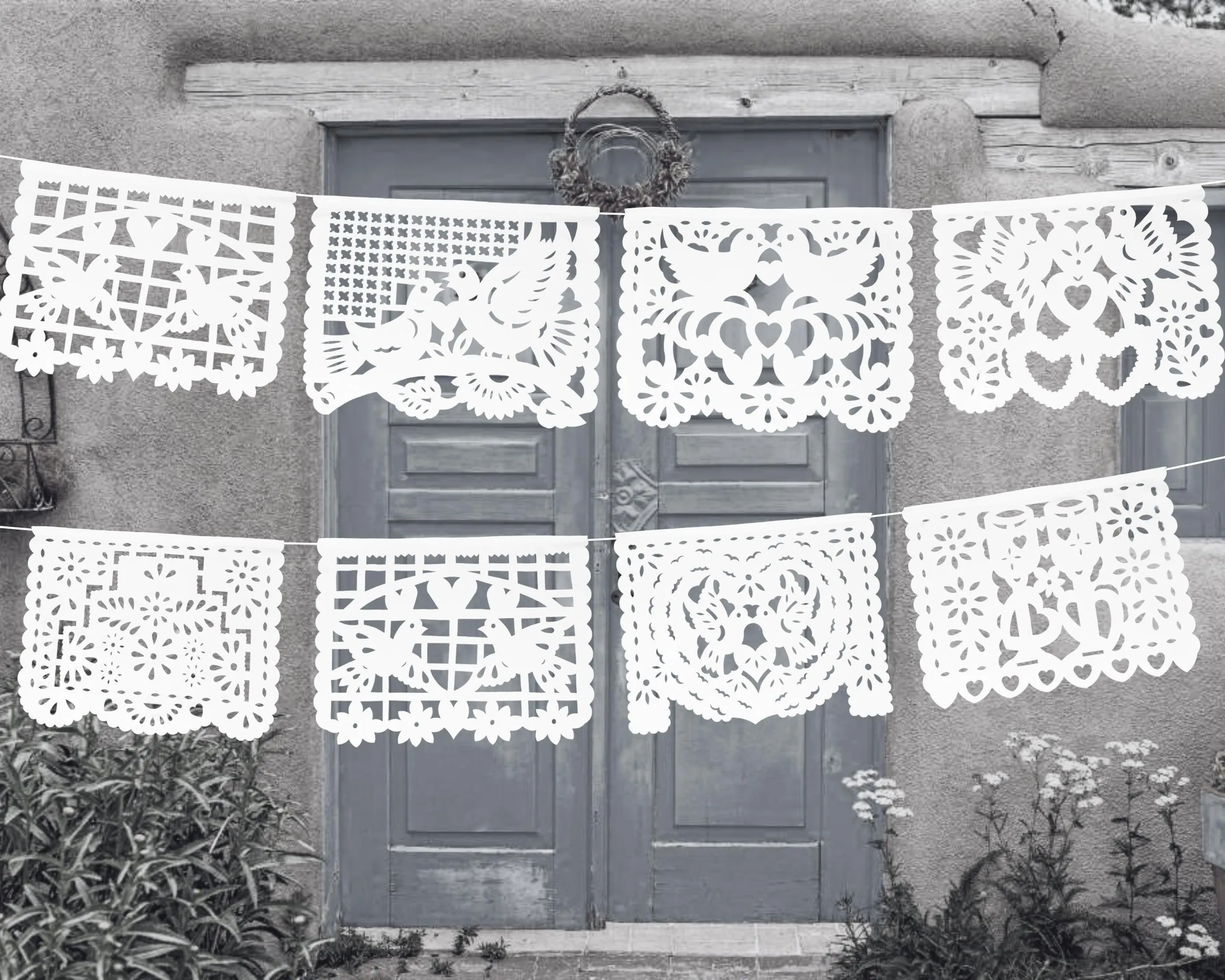 Wedding Plastic Papel Picado Banner in White (5 Pack)