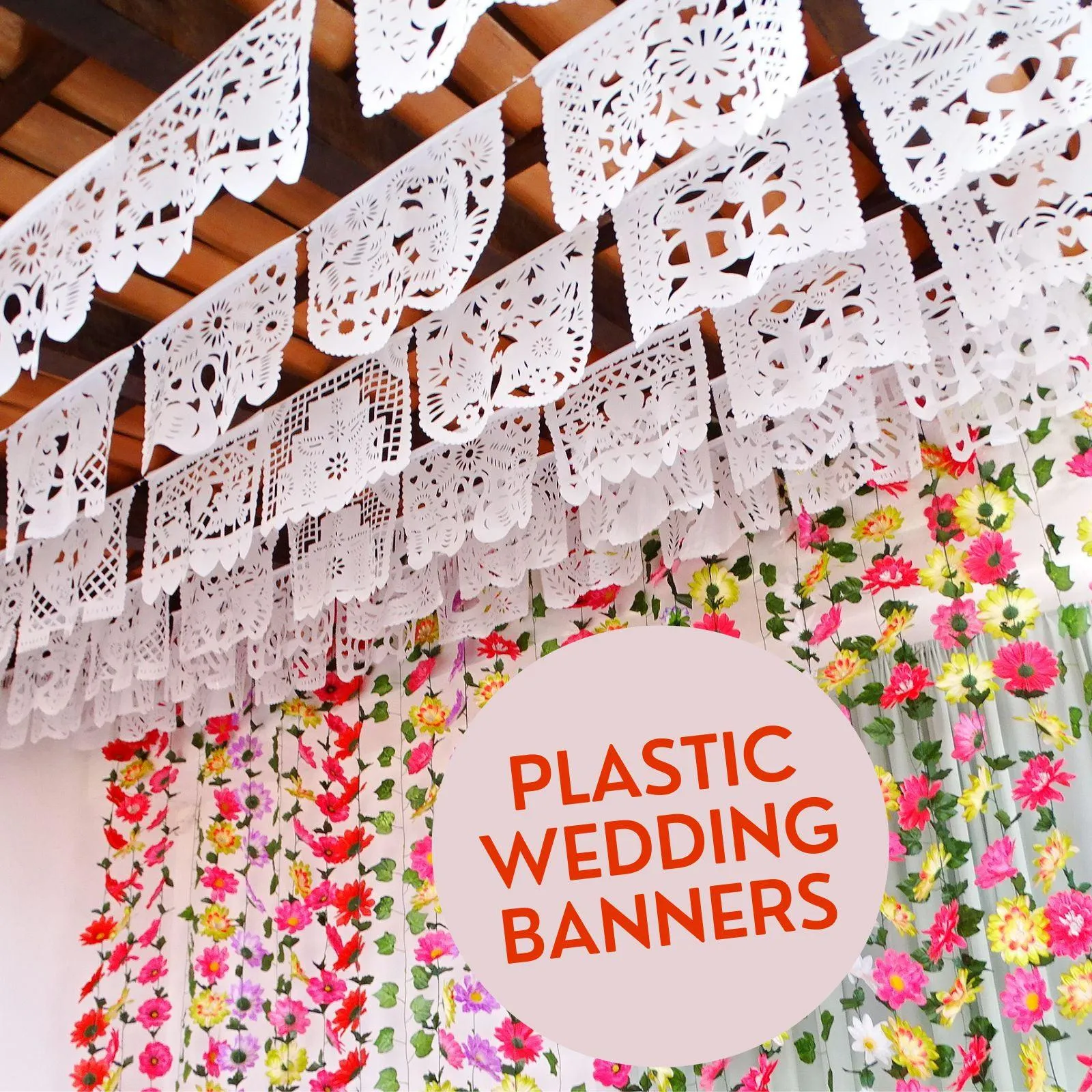 Wedding Plastic Papel Picado Banner in White (5 Pack)