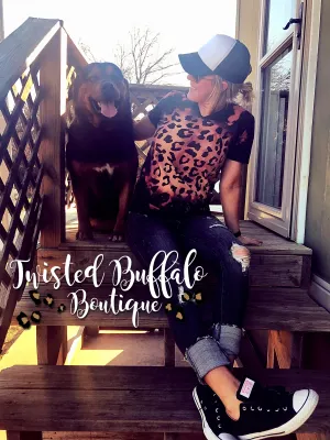 {WILD CHILD} Distressed LEOPARD (Front   Back) Black V-Neck Tee