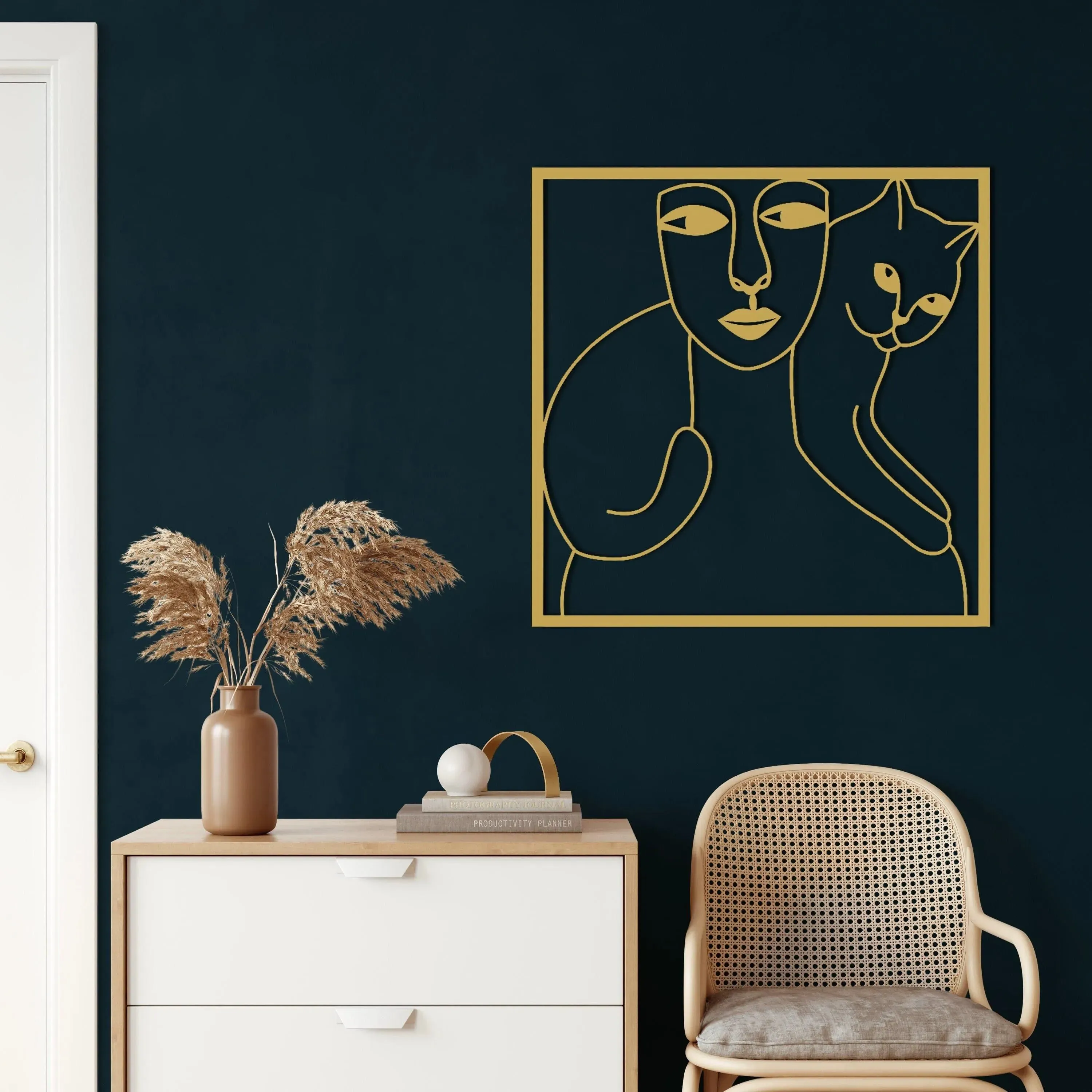 Women and Cat Minimalist Metal Wall Decor