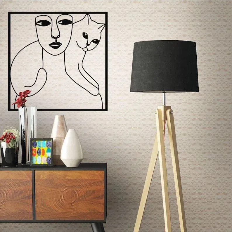 Women and Cat Minimalist Metal Wall Decor