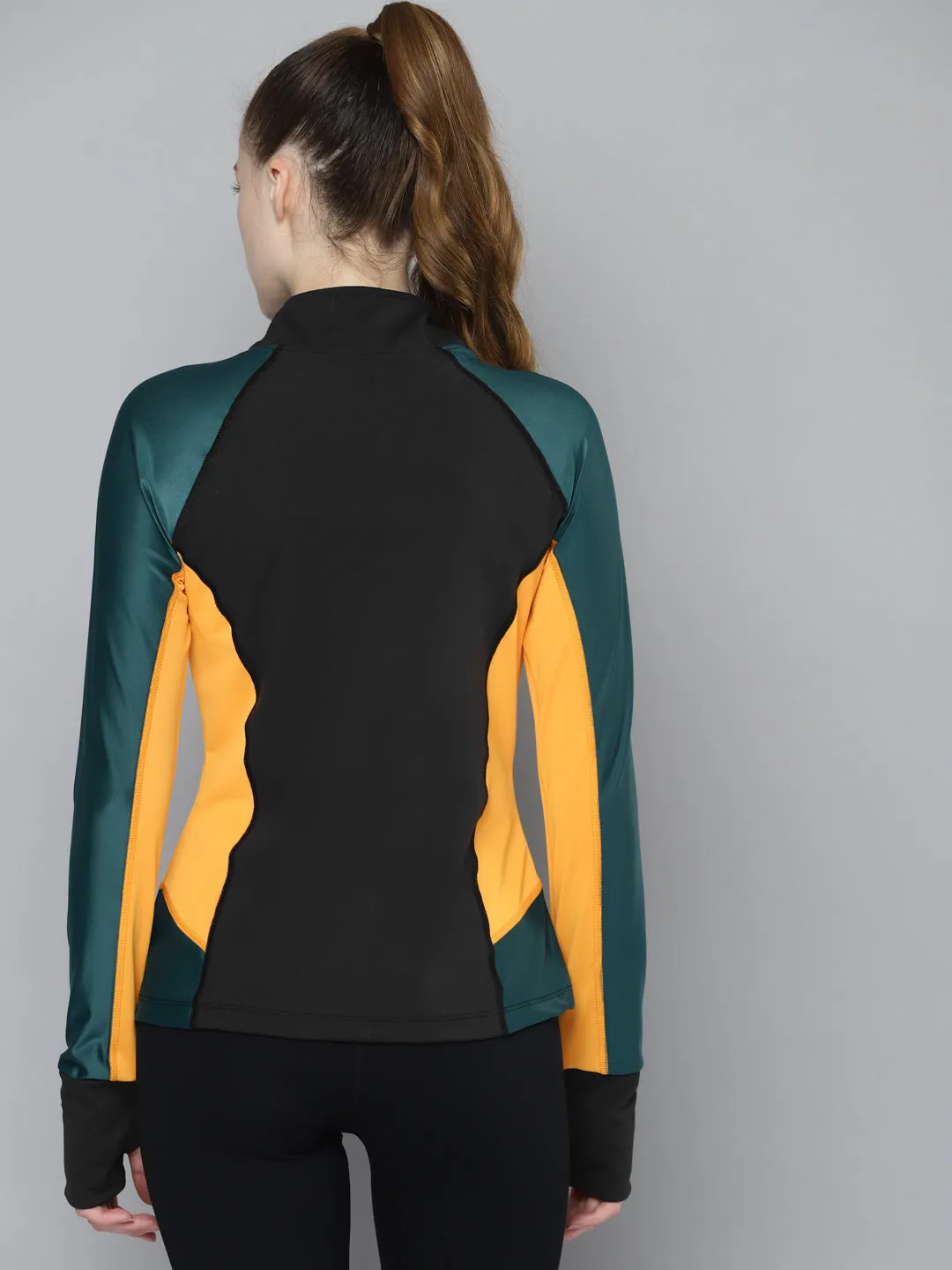 Women's Black & Mustard Yellow Colourblocked Thumbhole Training Jacket