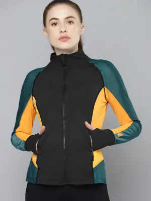 Women's Black & Mustard Yellow Colourblocked Thumbhole Training Jacket