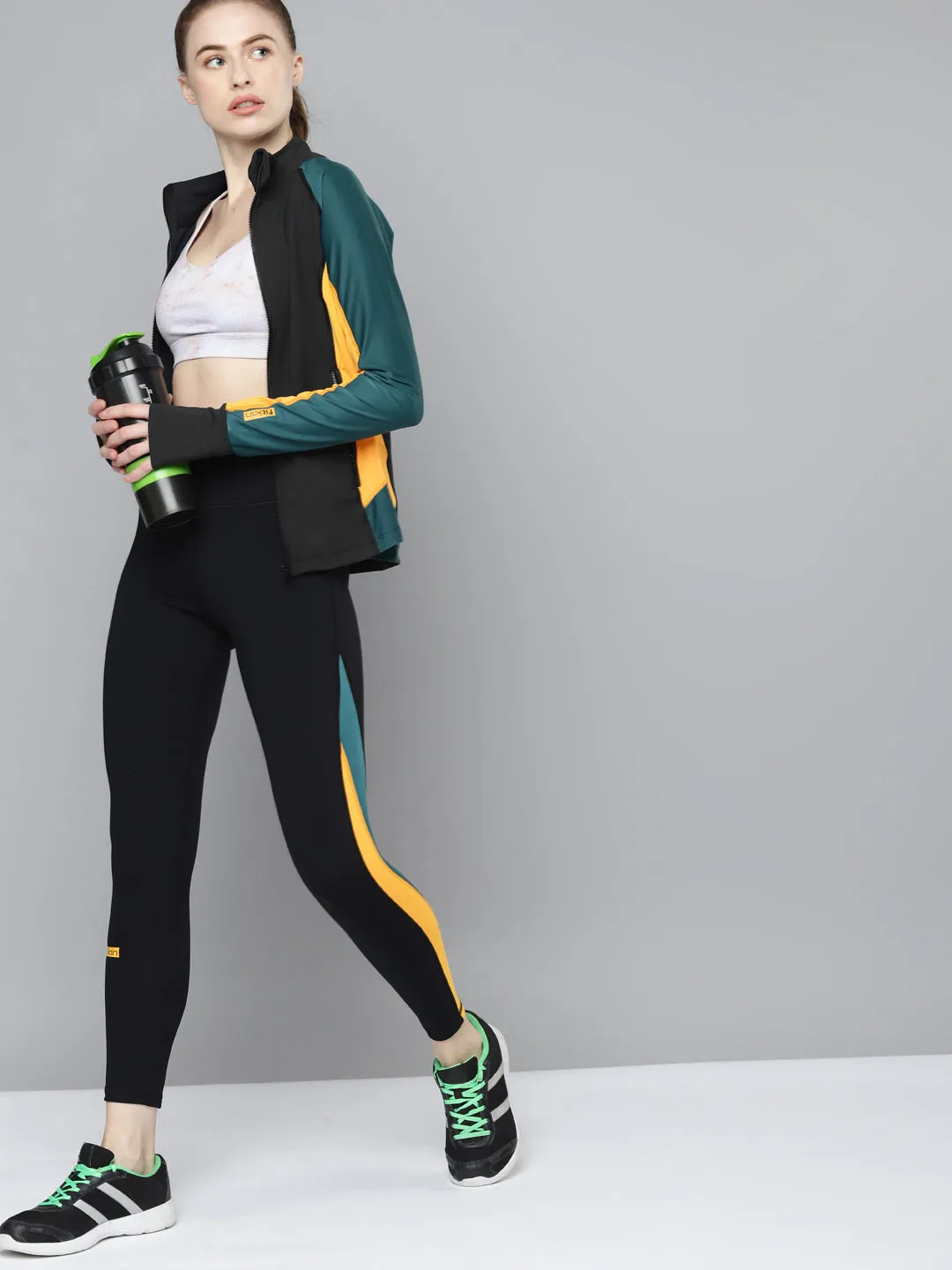 Women's Black & Mustard Yellow Colourblocked Thumbhole Training Jacket