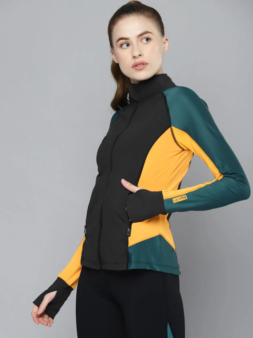 Women's Black & Mustard Yellow Colourblocked Thumbhole Training Jacket