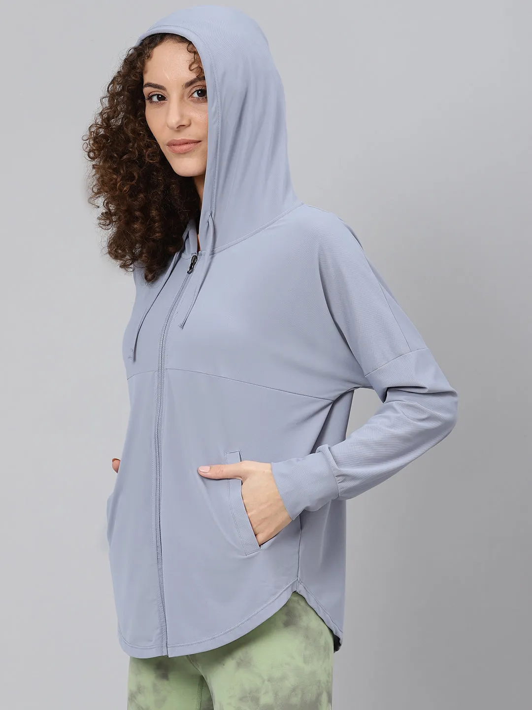 Women's Blue Solid Hooded Front-Open Training Sweatshirt