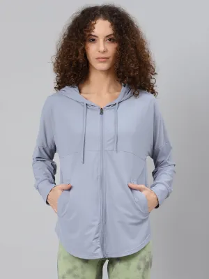 Women's Blue Solid Hooded Front-Open Training Sweatshirt