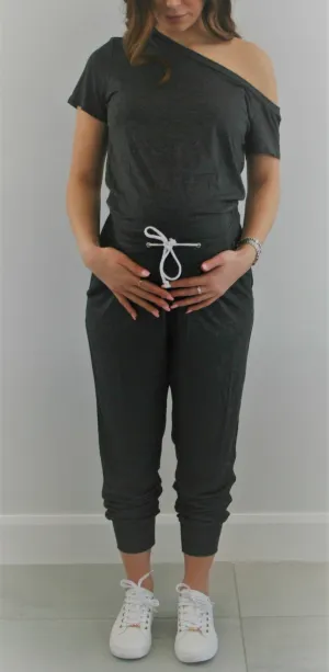Women's dark grey Off the shoulder maternity & post natal short sleeve, long pant Jumpsuit