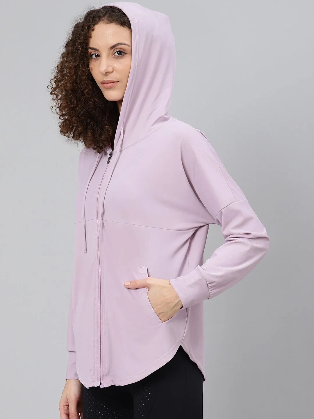 Women's Lavender Solid Hooded Front-Open Training Sweatshirt