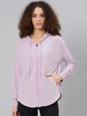 Women's Lavender Solid Hooded Front-Open Training Sweatshirt