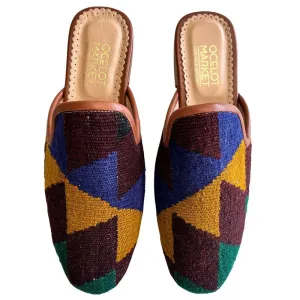 Women's Turkish Kilim Mule Black, Gold, & Green